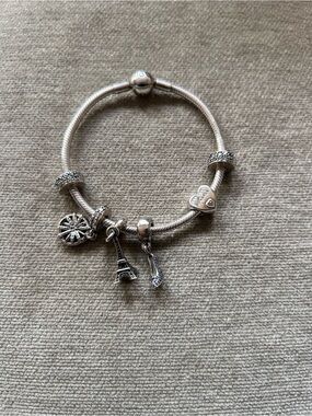 Pandora Sterling Silver Charm Bracelet w/ Eiffel Tower, Shoe & Pavé Charms